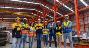 a proud team in protective gear standing in a warehouse